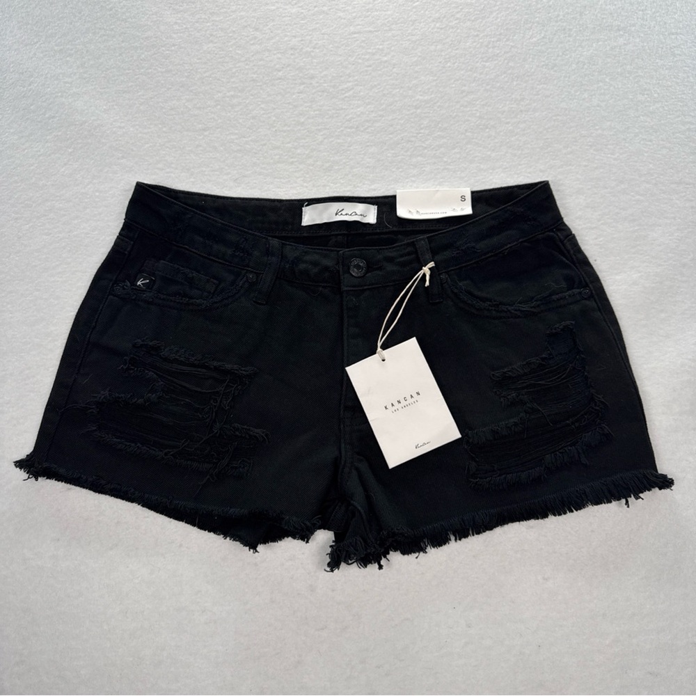 NWT KanCan Estilo Shorts Womens Small Mid Rise Distressed Black Denim Cutoffs